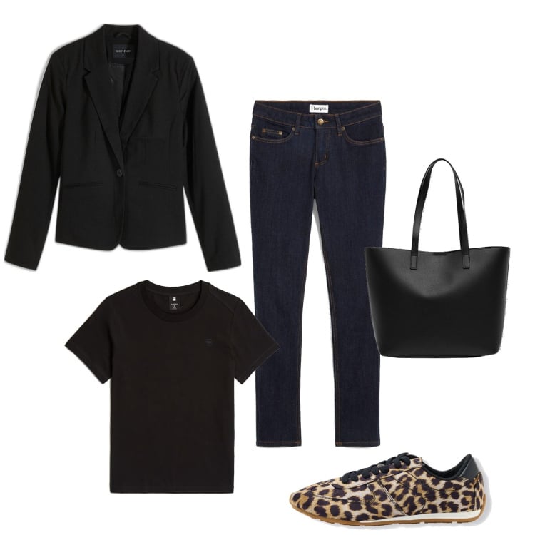 Outfit femme - Sneakers Léopard. Style Tendance pour Bureau. Assortir avec blazers, jean skinny, sneakers, pulls, sac cabas.