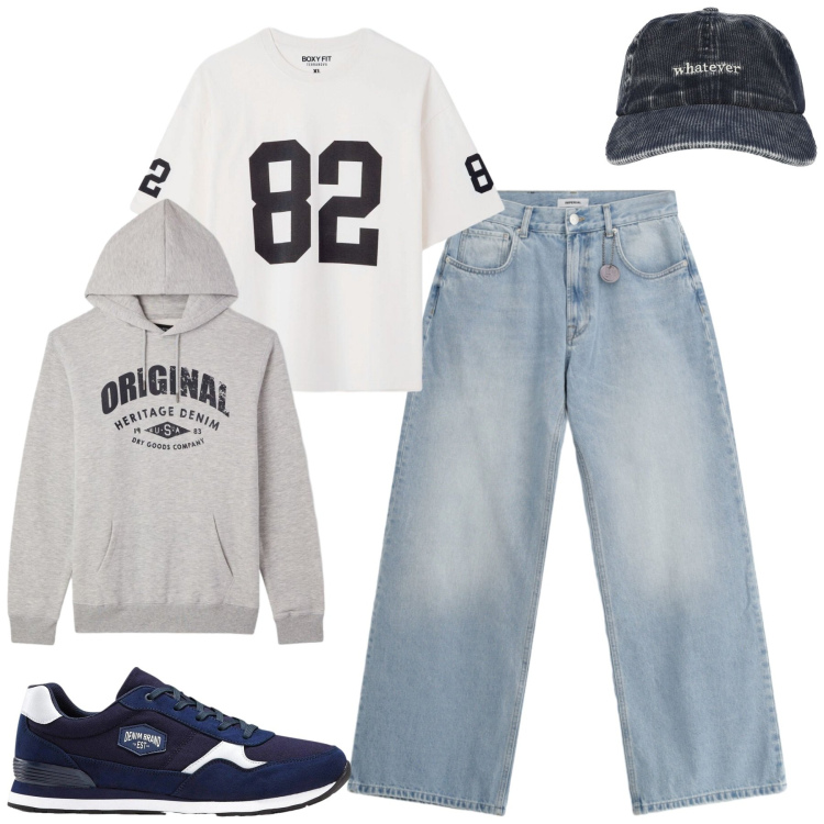 Outfit uomo - Settembre. Stile Casual per Tutti i giorni. Abbinamento con jeans, cappelli con visiera, t-shirt, felpe con cappuccio, sneakers.
