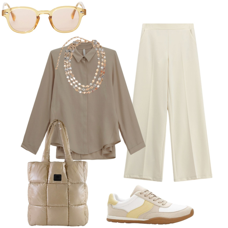 Outfit donna - In città. Stile Casual chic per Tutti i giorni. Abbinamento con sneakers, camicie, occhiali da sole, pantaloni a palazzo, collane, shopping bag.