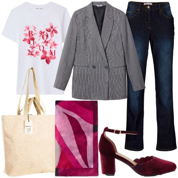 Outfit donna - Una giacca in città. Stile Glamour per Tutti i giorni. Abbinamento con jeans dritti, décolleté, blazer, t-shirt, borse tote, foulard.