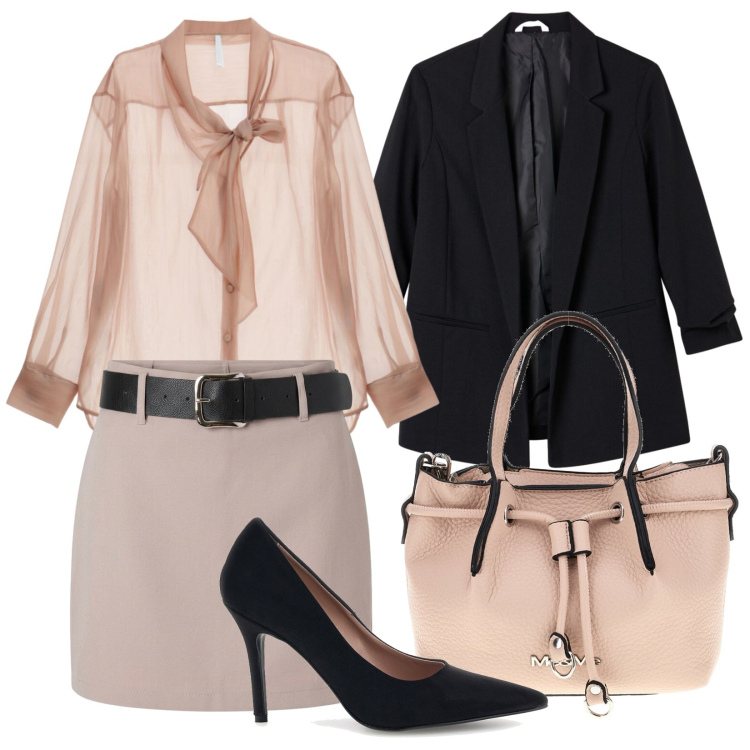 Outfit donna - Una donna in carriera. Stile Chic per Ufficio. Abbinamento con blazer, minigonne, camicie, borse a spalla, décolleté.