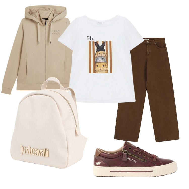 Outfit donna - Pausa Caffè e Passeggiata. Stile Casual per Tutti i giorni. Abbinamento con zaini, sneakers, jeans dritti, t-shirt, felpe con cappuccio.