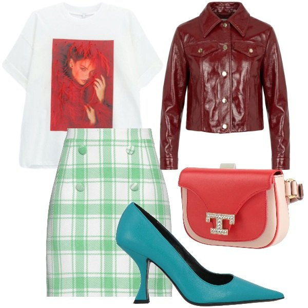 Outfit donna - la giacca in pelle. Stile Glamour per Tutti i giorni. Abbinamento con décolleté, marsupi, minigonne, giacche, t-shirt.
