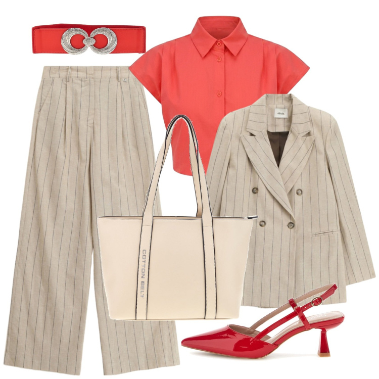 Outfit donna - NY style. Stile Mannish per Ufficio. Abbinamento con blazer, pantaloni a palazzo, camicie a manica corta, décolleté, cinture, shopping bag.