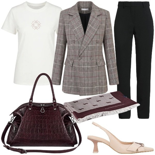 Outfit donna - La giacca in città. Stile Glamour per Tutti i giorni. Abbinamento con pantaloni, décolleté, sciarpe, t-shirt, blazer, shopping bag.