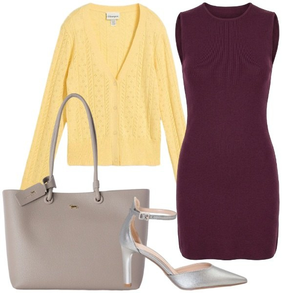 Outfit donna - Cardigan in seta. Stile Casual chic per Tutti i giorni. Abbinamento con cardigans, shopping bag, décolleté, vestiti corti.