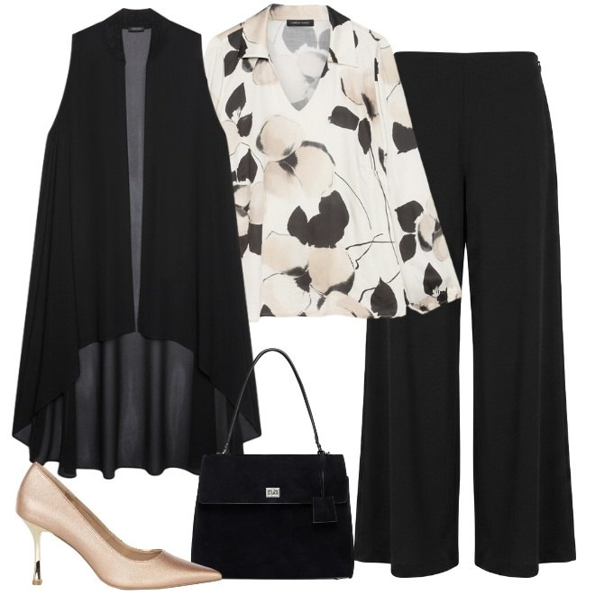 Outfit donna - Sera a teatri. Stile Bon Ton per Serata fuori. Abbinamento con décolleté, bluse, gilet, borse a mano, pantaloni a palazzo.