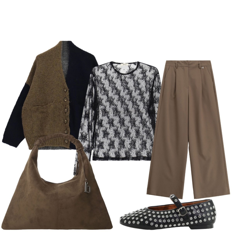Outfit donna - Made in Dixie. Stile Urban per Tutti i giorni. Abbinamento con pantaloni a palazzo, borse a spalla, ballerine, cardigans, top.