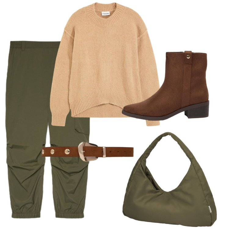 Outfit donna - Semplice e comodo. Stile Basic per Tutti i giorni. Abbinamento con maglieria, stivaletti, cinture, pantaloni cargo, borse a spalla.