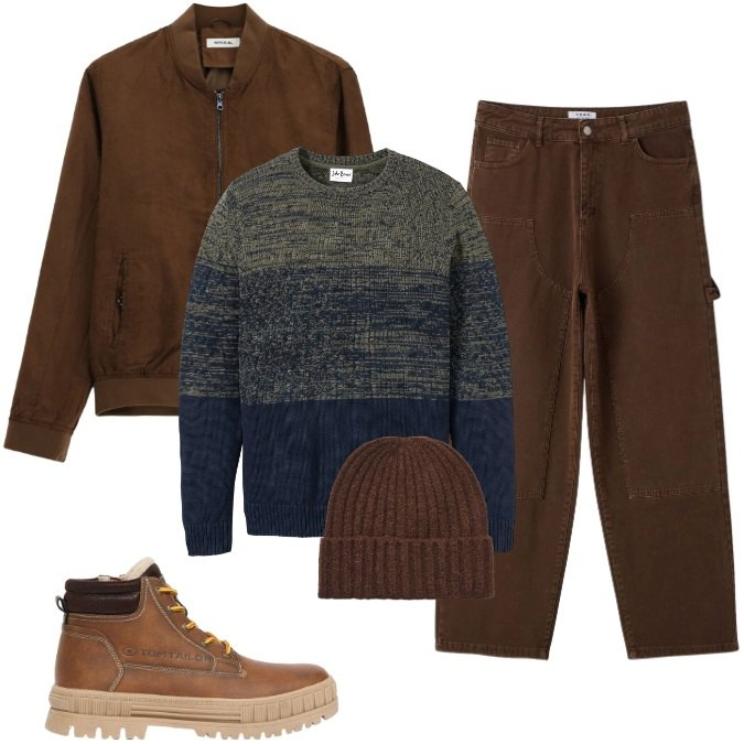 Outfit uomo - Colori autunnali - cioccolato. Stile Urban per Tutti i giorni. Abbinamento con bomber, pantaloni, berretti, maglieria, stivali e stivaletti.