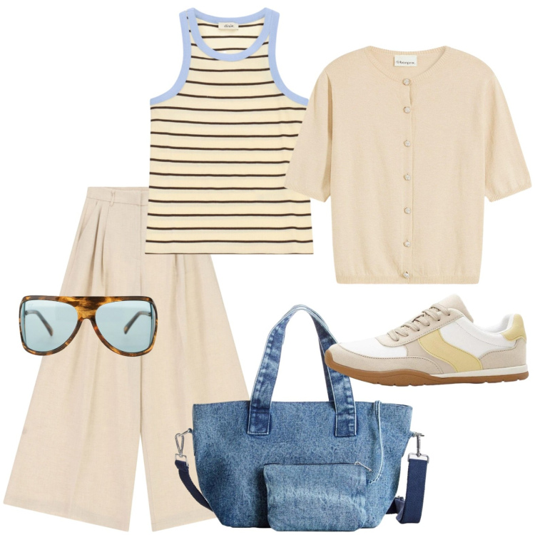 Outfit donna - Pomeriggio assolato. Stile Basic per Tutti i giorni. Abbinamento con borse a mano, cardigans, sneakers, occhiali da sole, pantaloni a palazzo, canottiere.