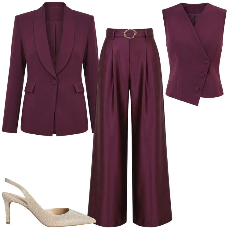Outfit donna - La laurea di Asia. Stile Chic per Serata fuori. Abbinamento con décolleté, pantaloni a palazzo, top, blazer, gilet.
