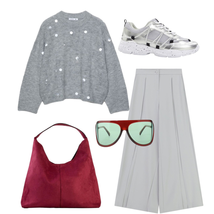 Outfit donna - Sabato pomeriggio. Stile Basic per Tutti i giorni. Abbinamento con sneakers, borse a spalla, maglieria, pantaloni a palazzo, occhiali da sole.