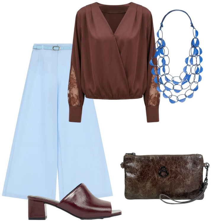 Outfit donna - Bella di giorno. Stile Basic per Tutti i giorni. Abbinamento con ciabatte, pantaloni a palazzo, bluse, collane, pochette.