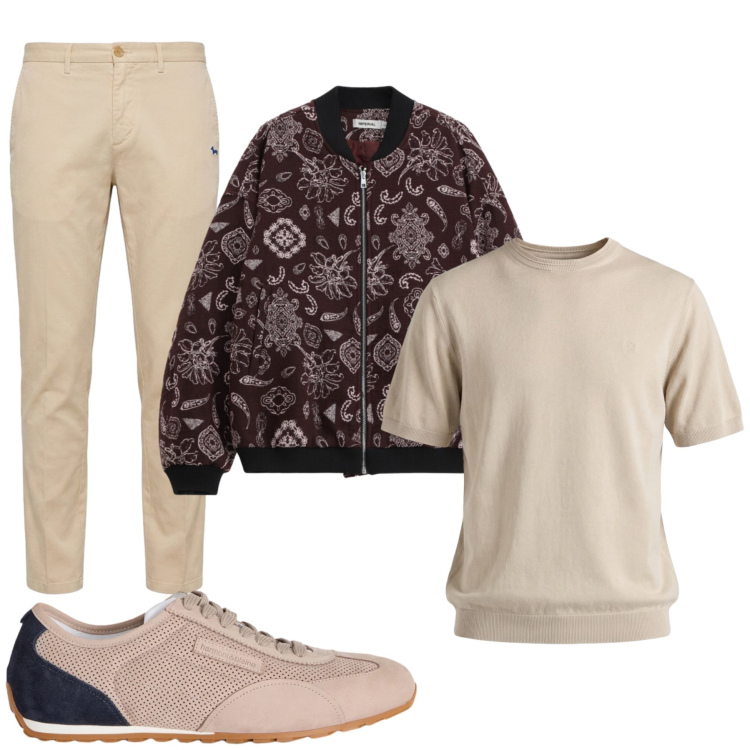 Outfit uomo - Total look #2477710. Stile Trendy per Ufficio. Abbinamento con sneakers, t-shirt, pantaloni chino, bomber.
