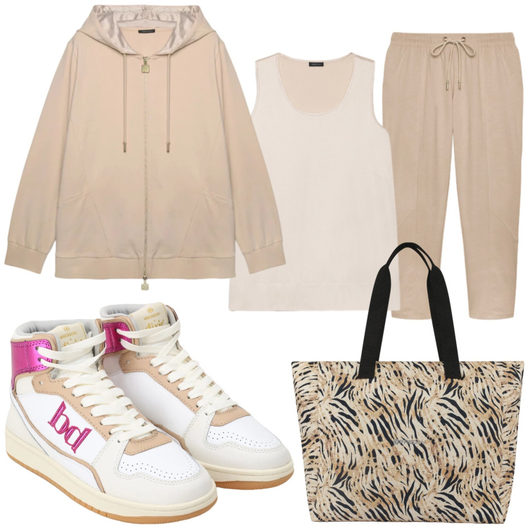 Outfit donna - Total look #2477713. Stile Sporty chic per Sport. Abbinamento con sneakers alte, shopping bag, felpe con cappuccio, pantaloni, canottiere.