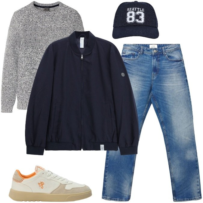 Outfit uomo - Total look #2477714. Stile Urban per Tutti i giorni. Abbinamento con sneakers, bomber, cappelli con visiera, jeans dritti, maglieria.