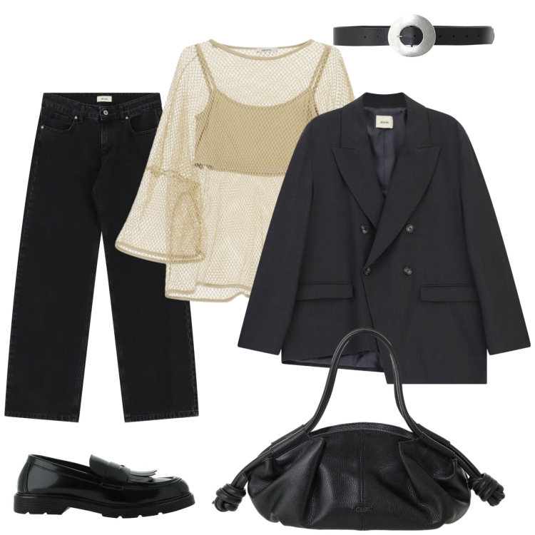 Outfit donna - Total look #2477721. Stile Casual chic per Ufficio. Abbinamento con top, mocassini, borse a mano, cinture, jeans, blazer.