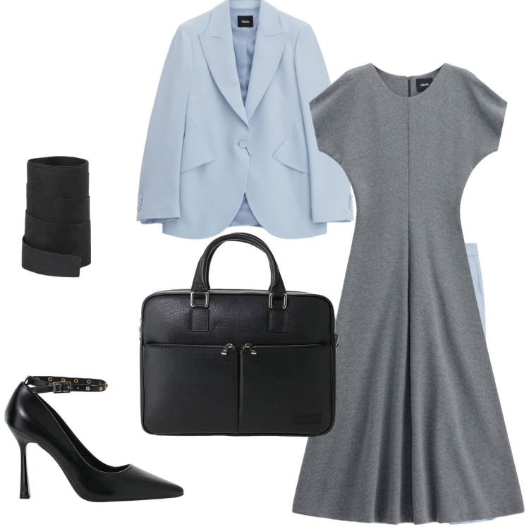 Outfit donna - Total look #2477723. Stile Chic per Ufficio. Abbinamento con cinture, décolleté, borse messenger, vestiti midi/longuette, blazer.