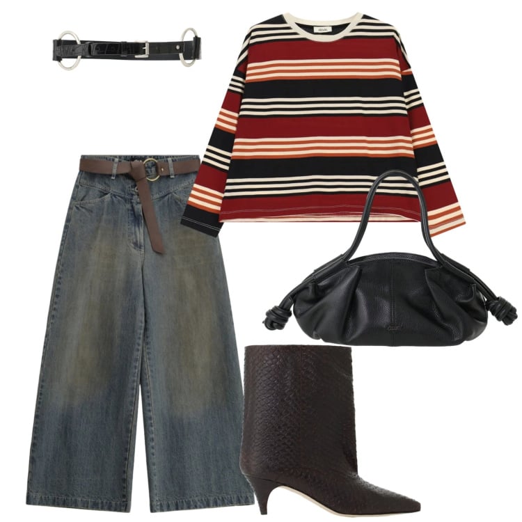 Outfit donna - Total look #2477724. Stile Casual per Tutti i giorni. Abbinamento con jeans boyfriend, stivali, borse a mano, t-shirt, cinture.