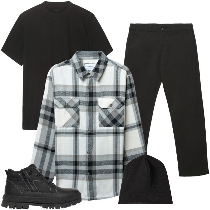 Outfit uomo - Total look #2477725. Stile Urban per Tutti i giorni. Abbinamento con t-shirt, berretti, cappotti, pantaloni chino, stivali e stivaletti.