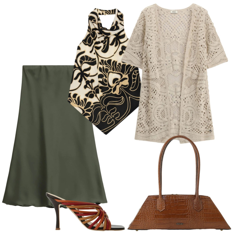 Outfit donna - Total look #2477726. Stile Casual chic per Serata fuori. Abbinamento con cardigans, gonne longuette, top, sandali col tacco, borse a spalla.