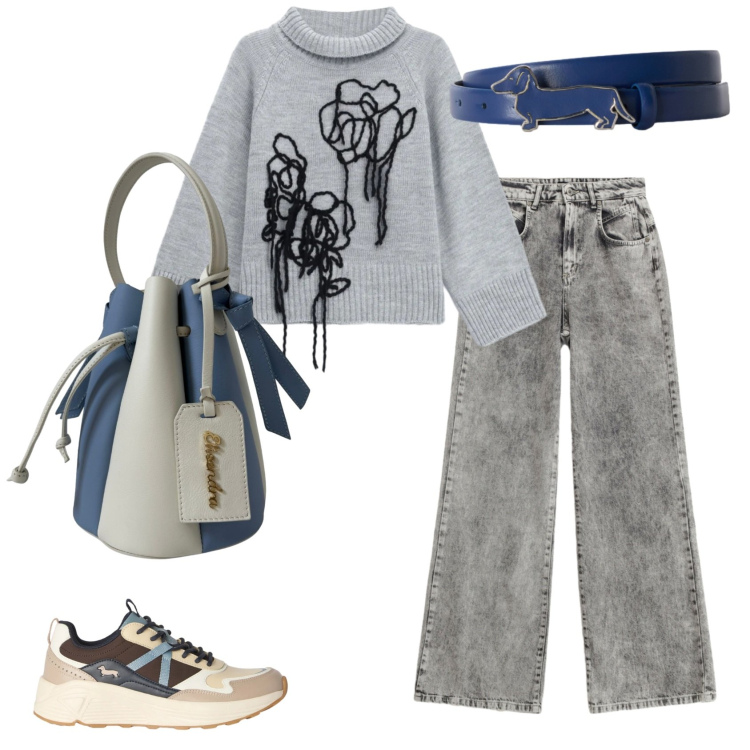 Outfit donna - Total look #2477728. Stile Casual chic per Scuola/Università. Abbinamento con sneakers, cinture, pullovers, jeans, borse a secchiello.