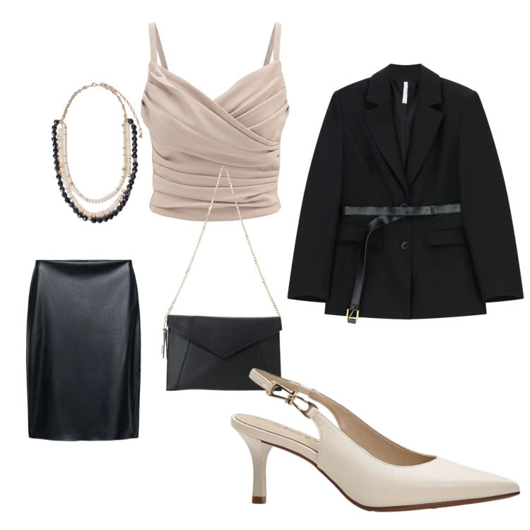 Outfit donna - Appuntamento chic. Stile Casual chic per Serata fuori. Abbinamento con décolleté, gonne longuette, borse a tracolla, blazer, canottiere, collane.