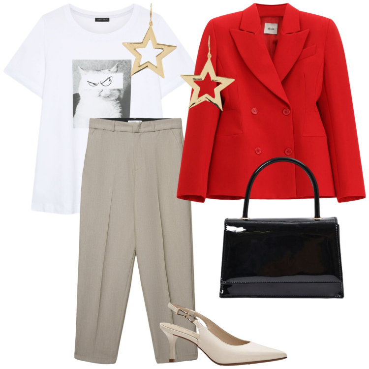 Outfit donna - Giacca rossa. per Tutti i giorni. Abbinamento con décolleté, pantaloni chino, blazer, borse a mano, t-shirt, orecchini.