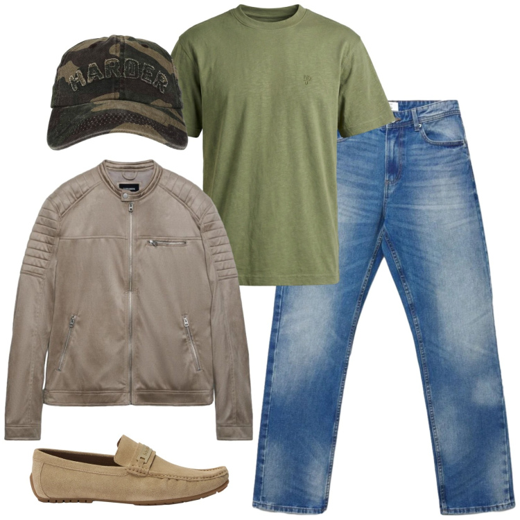 Outfit uomo - Total look #2477735. Stile Urban per Tutti i giorni. Abbinamento con scarpe stringate, t-shirt, giacche, cappelli con visiera, jeans dritti.