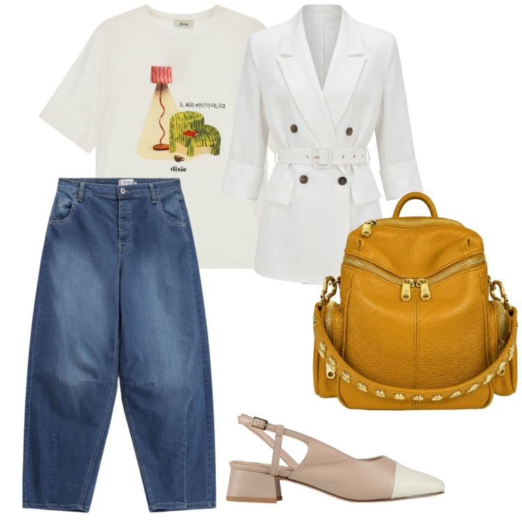 Outfit donna - Giacca bianca. per Ufficio. Abbinamento con décolleté, jeans, t-shirt, blazer, zaini.