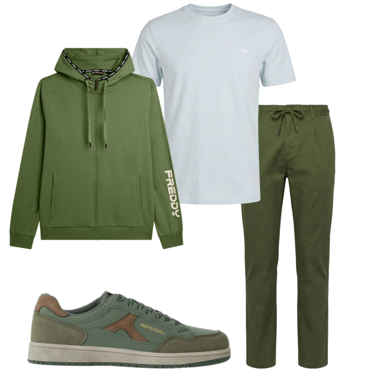 Outfit uomo - Sfumature di verde. Stile Casual per Tutti i giorni. Abbinamento con t-shirt, pantaloni, sneakers, felpe con cappuccio.