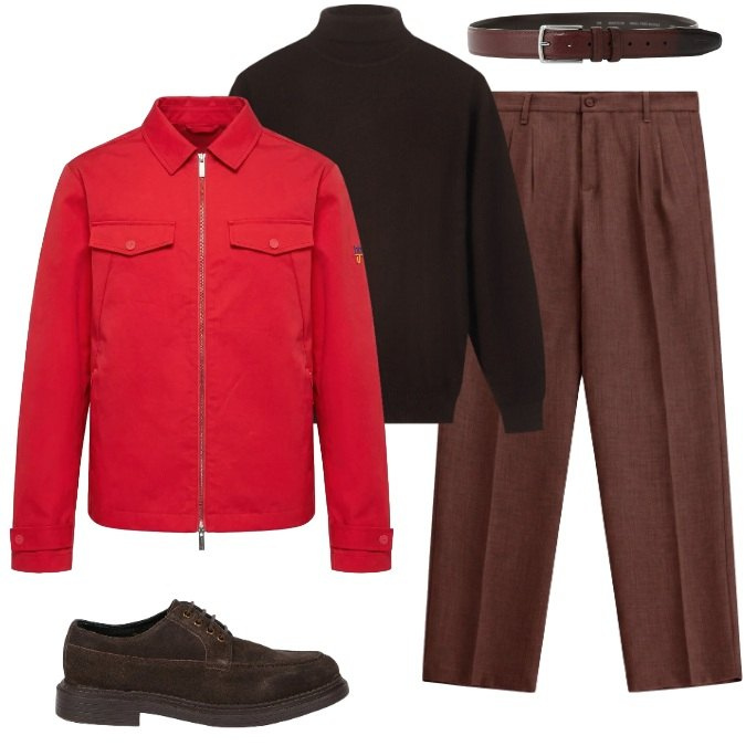 Outfit uomo - Colori di tendenza. Stile Trendy per Ufficio. Abbinamento con cappotti, cinture, pantaloni, pullovers, scarpe stringate.