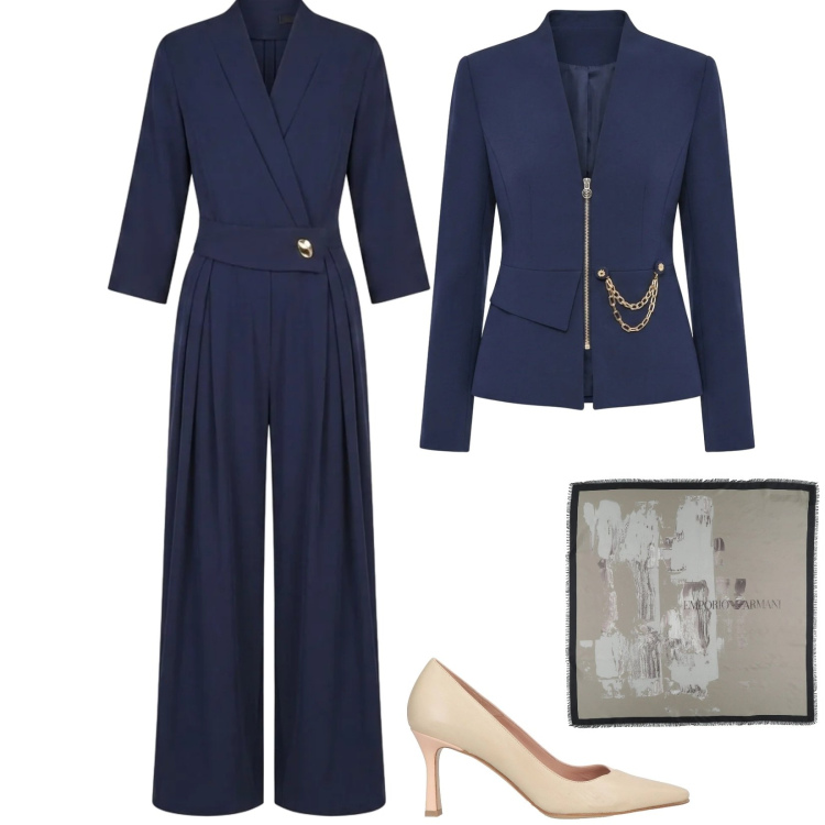 Outfit donna - Laurea. Stile Chic per Serata fuori. Abbinamento con sciarpe, décolleté, tute, blazer.