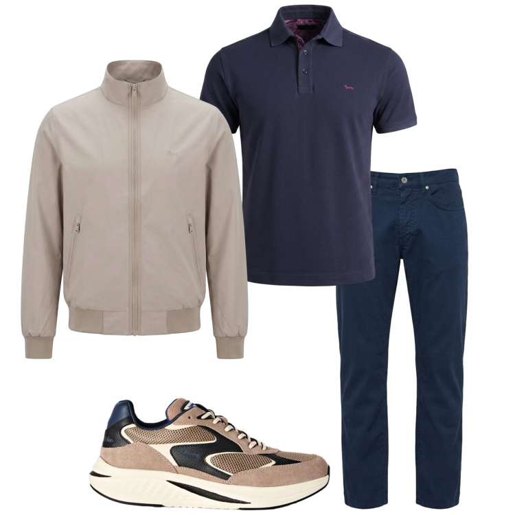 Outfit uomo - Fine settembre. Stile Urban per Ufficio. Abbinamento con sneakers, polo, pantaloni, bomber.