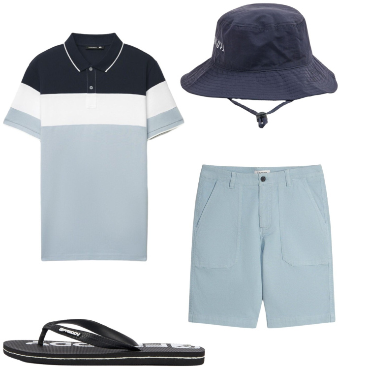 Outfit uomo - Total look #2477754. Stile Casual per Mare. Abbinamento con sandali, polo, cappelli, shorts.