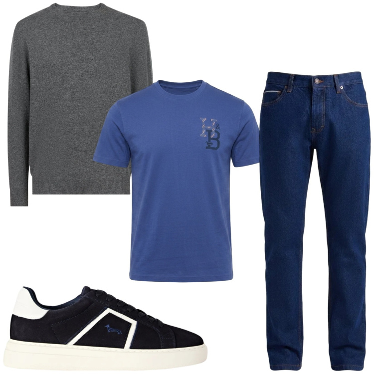 Outfit uomo - Total look #2477756. Stile Casual per Tutti i giorni. Abbinamento con sneakers, t-shirt, jeans, maglieria.