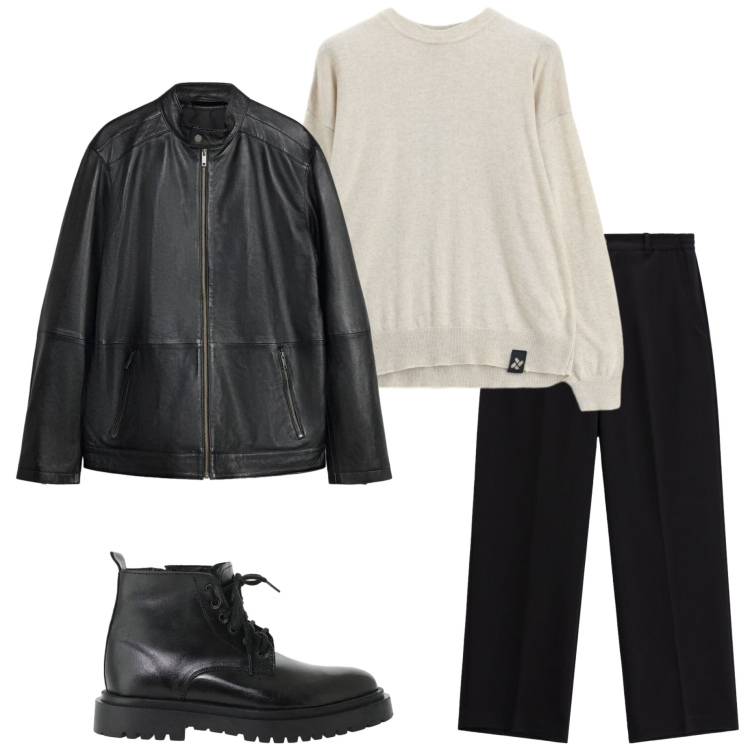 Outfit uomo - Serata con amici. Stile Urban per Serata speciale. Abbinamento con pantaloni, maglieria, anfibi, giacche.