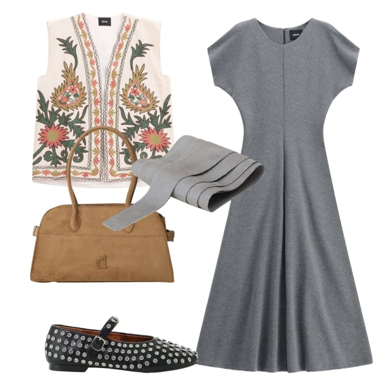 Outfit donna - Dixie. Stile Casual per Tutti i giorni. Abbinamento con cinture, borse a spalla, ballerine, gilet, vestiti midi/longuette.
