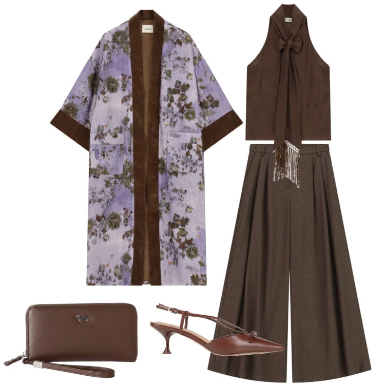 Outfit donna - Il kimono dai toni profondi. Stile Chic per Serata fuori. Abbinamento con décolleté, portafogli, pantaloni a palazzo, kimono, top.