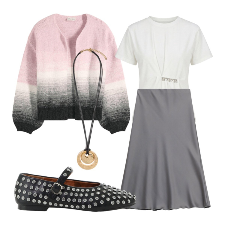 Outfit donna - Morbida e fluida. Stile Romantica per Tutti i giorni. Abbinamento con cardigans, gonne longuette, ballerine, t-shirt, ciondoli.