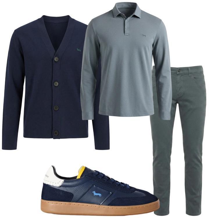 Outfit uomo - Harmont &Blaine. Stile Urban per Ufficio. Abbinamento con sneakers, jeans slim fit, polo, cardigans.