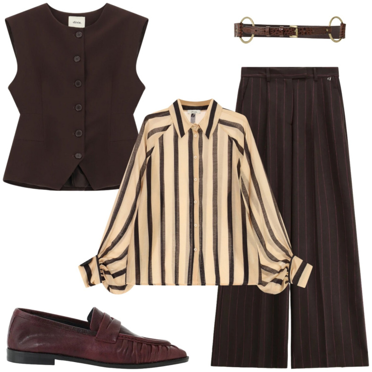 Outfit donna - Dixie. Stile Casual per Ufficio. Abbinamento con mocassini, pantaloni a palazzo, cinture, camicie, gilet.