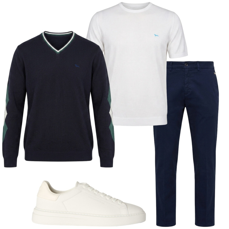 Outfit uomo - Harmont& Blaine. Stile Urban per Tutti i giorni. Abbinamento con maglieria, sneakers, pantaloni chino, t-shirt.