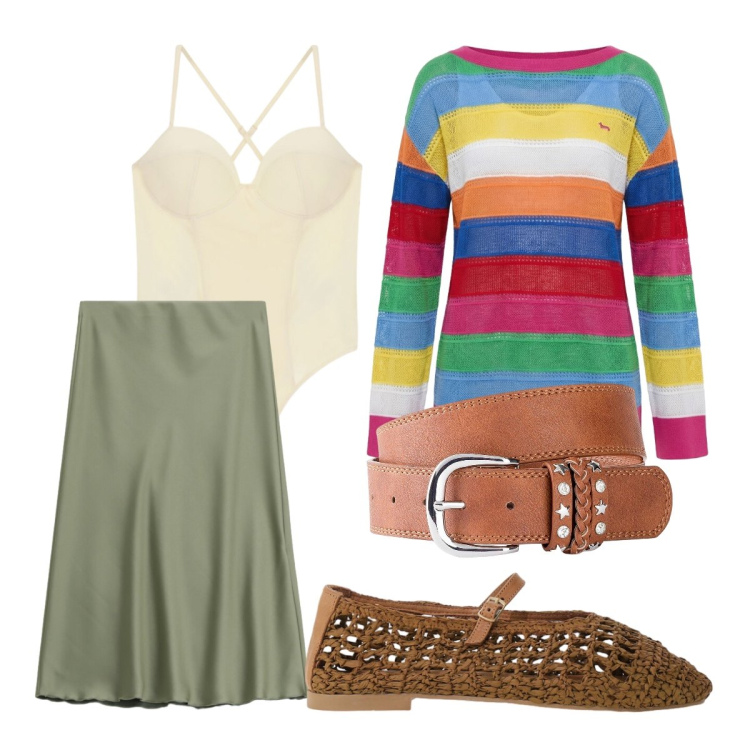 Outfit donna - Maglieria Leggera e Gonne Midi. Stile Romantica per Ufficio. Abbinamento con cinture, maglieria, body, gonne longuette, ballerine.