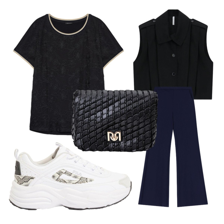 Outfit donna - Sneakers per i ritmi di settembre. Stile Sporty chic per Scuola/Università. Abbinamento con sneakers, gilet, pantaloni, borse a tracolla, t-shirt.