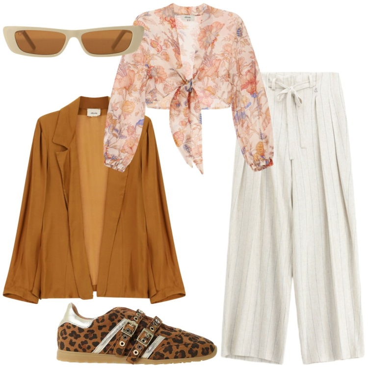 Outfit donna - Dixie. Stile Casual per Tutti i giorni. Abbinamento con occhiali da sole, pantaloni a palazzo, sneakers, blazer, top.