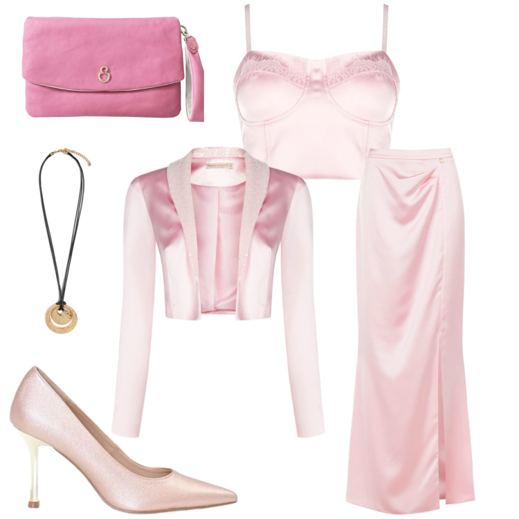 Outfit donna - Elegante. Stile Chic per Cerimonia. Abbinamento con décolleté, gonne lunghe, top, bolero, ciondoli, pochette.