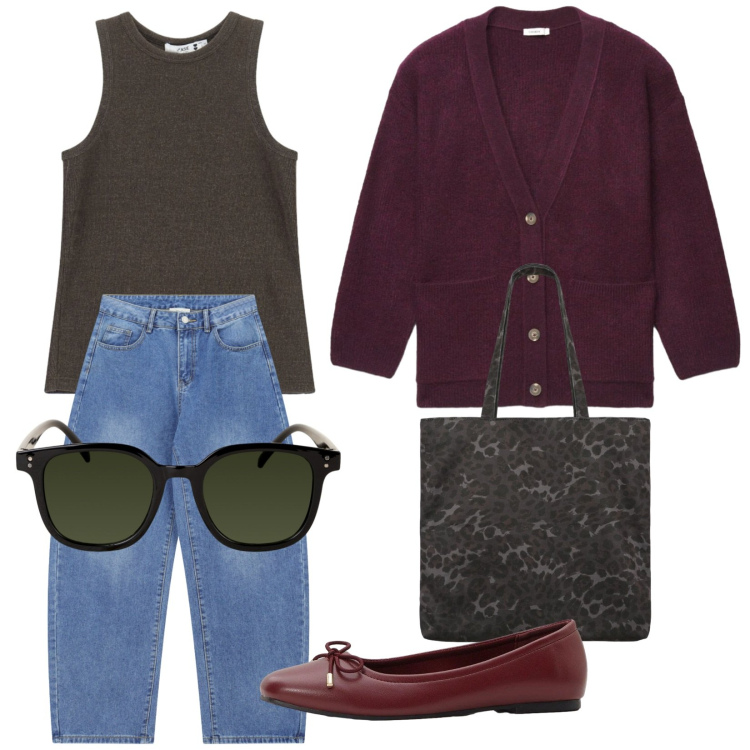 Outfit donna - Must have. Stile Casual per Tutti i giorni. Abbinamento con ballerine, cardigans, shopping bag, jeans, top, occhiali da sole.