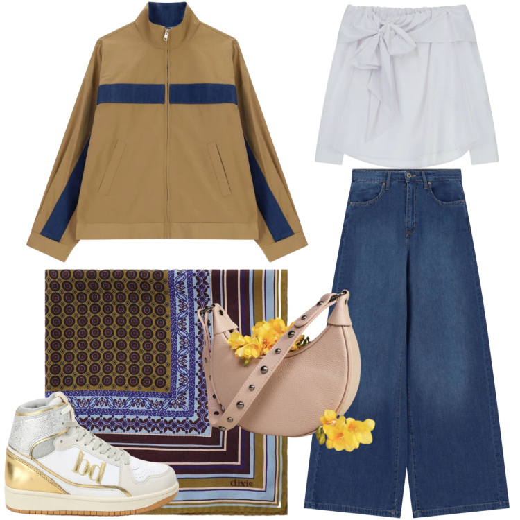 Outfit donna - Dixie Style. Stile Sporty chic per Serata fuori. Abbinamento con jeans, top, borse a spalla, sneakers alte, bomber, foulard.